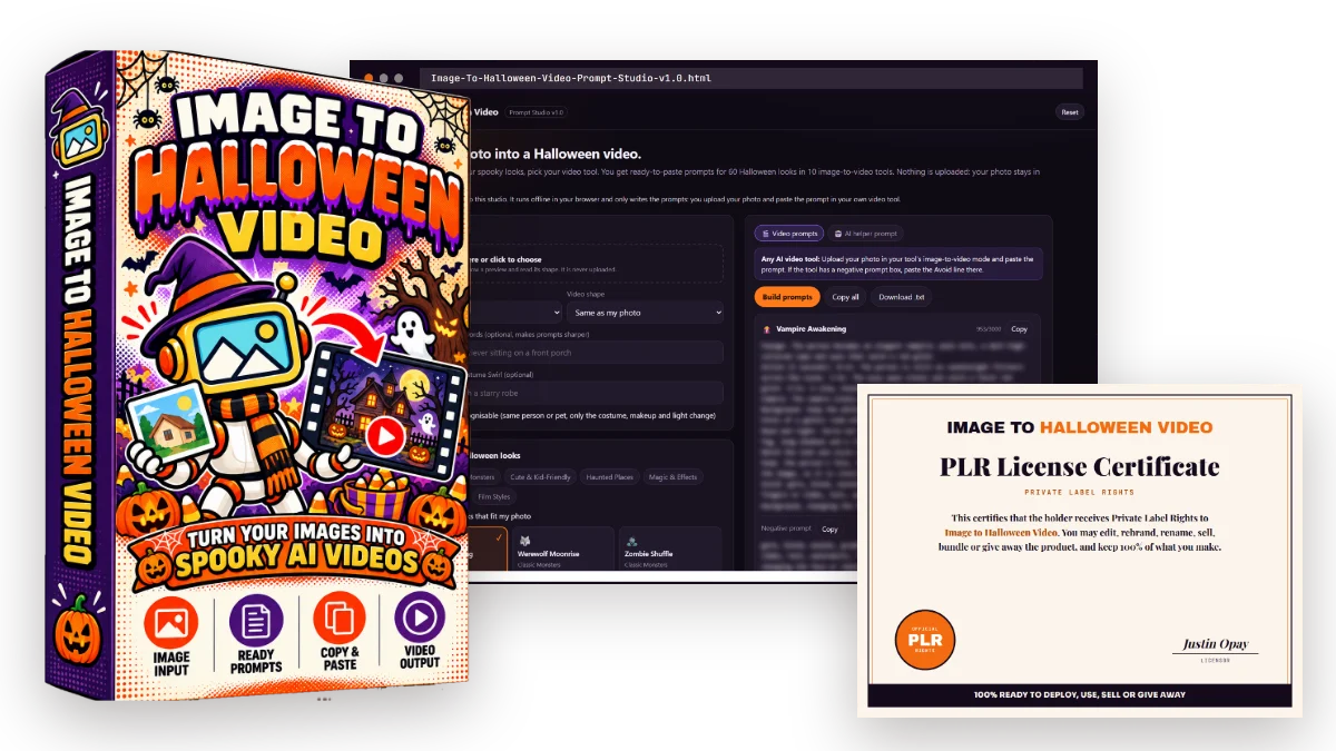 Everything included in Image to Halloween Video: the Prompt Studio and the PLR licence