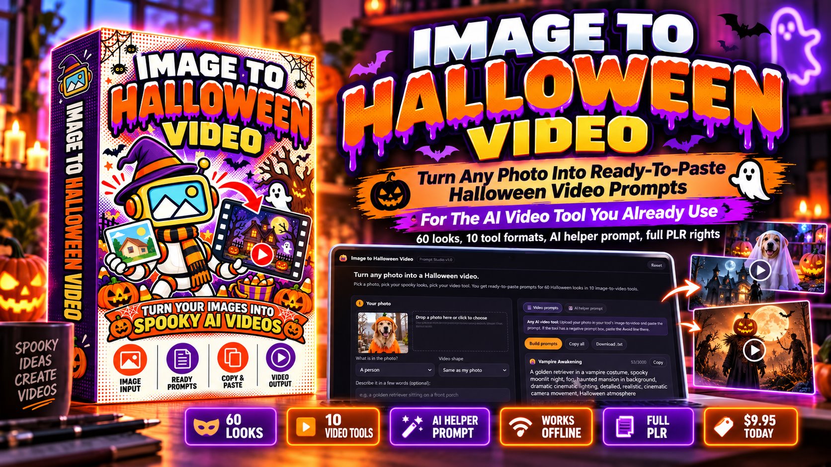 Image to Halloween Video: the product box, the Prompt Studio and sample Halloween videos