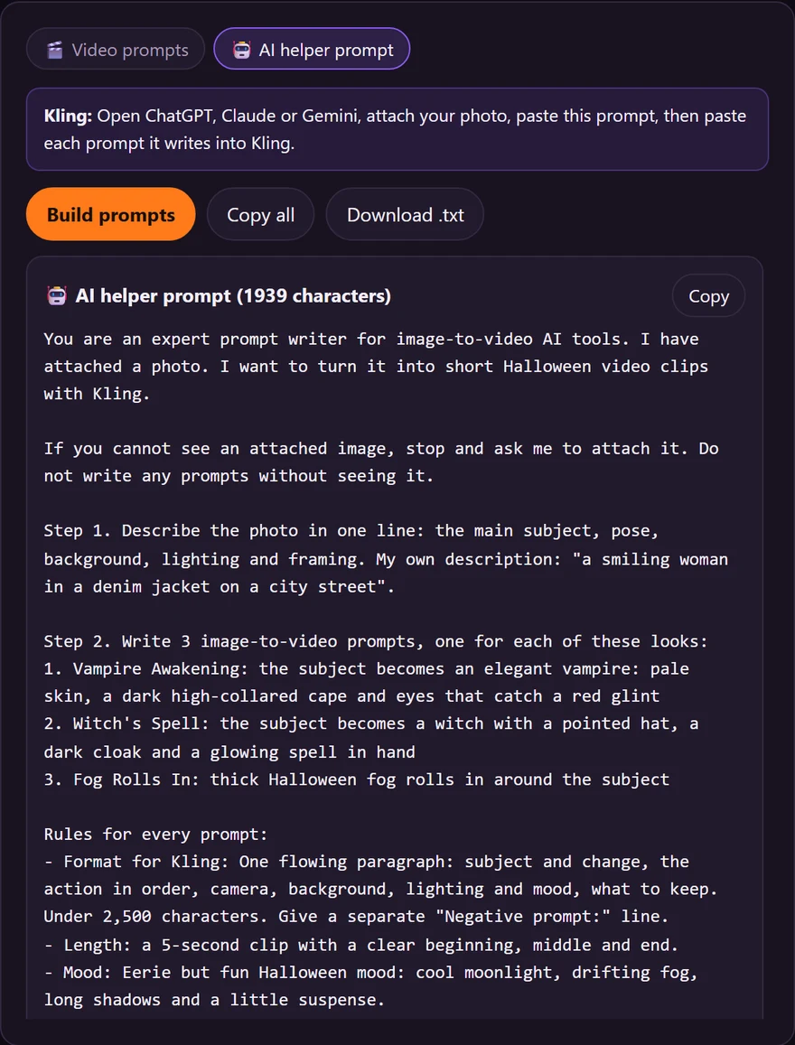 Or Use The AI Helper Prompt, a real screen from the Image to Halloween Video Prompt Studio