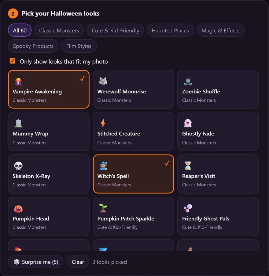 Pick Your Halloween Looks, a real screen from the Image to Halloween Video Prompt Studio