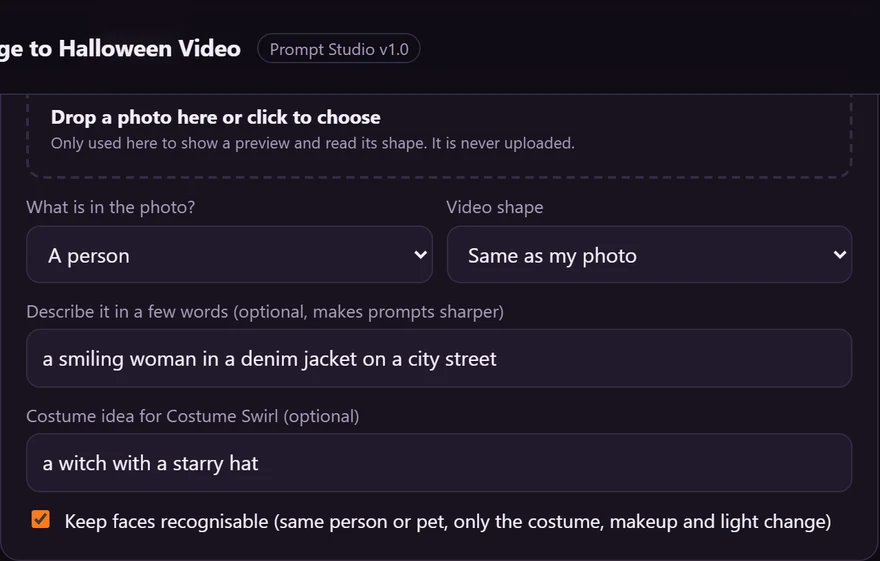 Pick What Is In Your Photo, a real screen from the Image to Halloween Video Prompt Studio