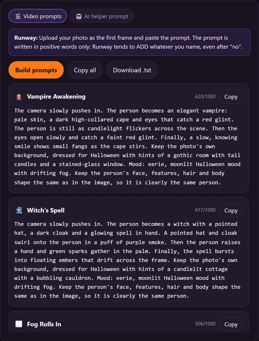 Switch Tools, Same Looks, a real screen from the Image to Halloween Video Prompt Studio