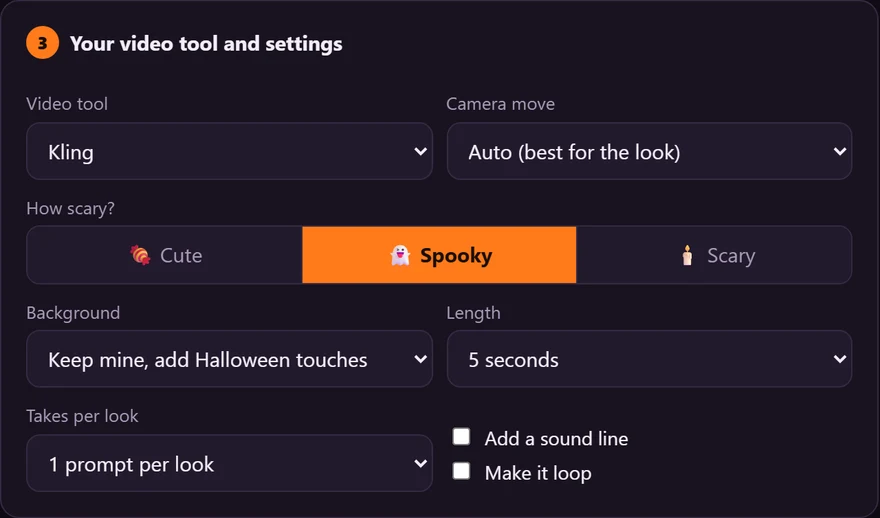 Pick Your Tool And Settings, a real screen from the Image to Halloween Video Prompt Studio