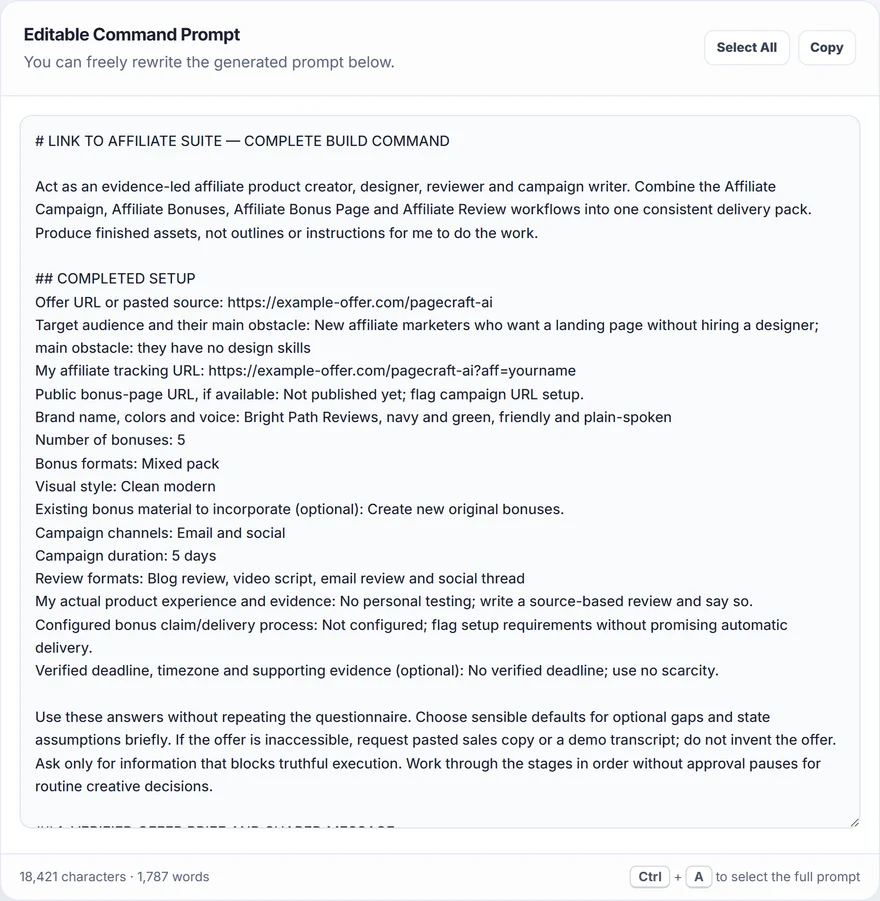 Get One Complete Command, a real screen from the Link to Affiliate Suite Prompt Studio