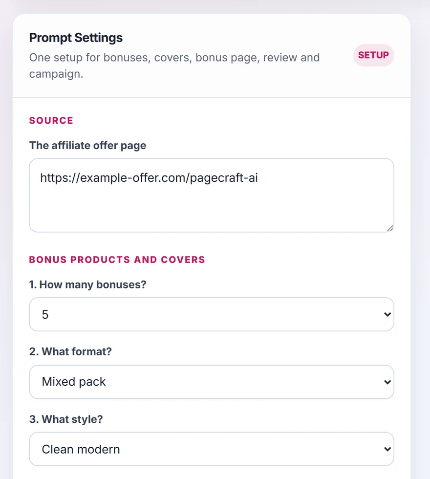 Paste The Offer, Pick Your Bonuses, a real screen from the Link to Affiliate Suite Prompt Studio