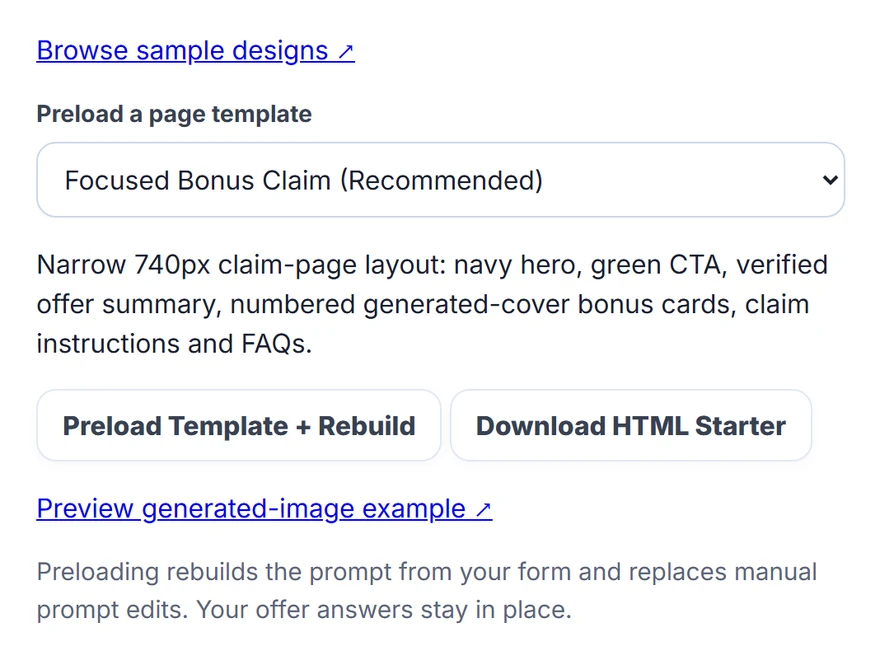Pick A Bonus Page Template, a real screen from the Link to Affiliate Suite Prompt Studio