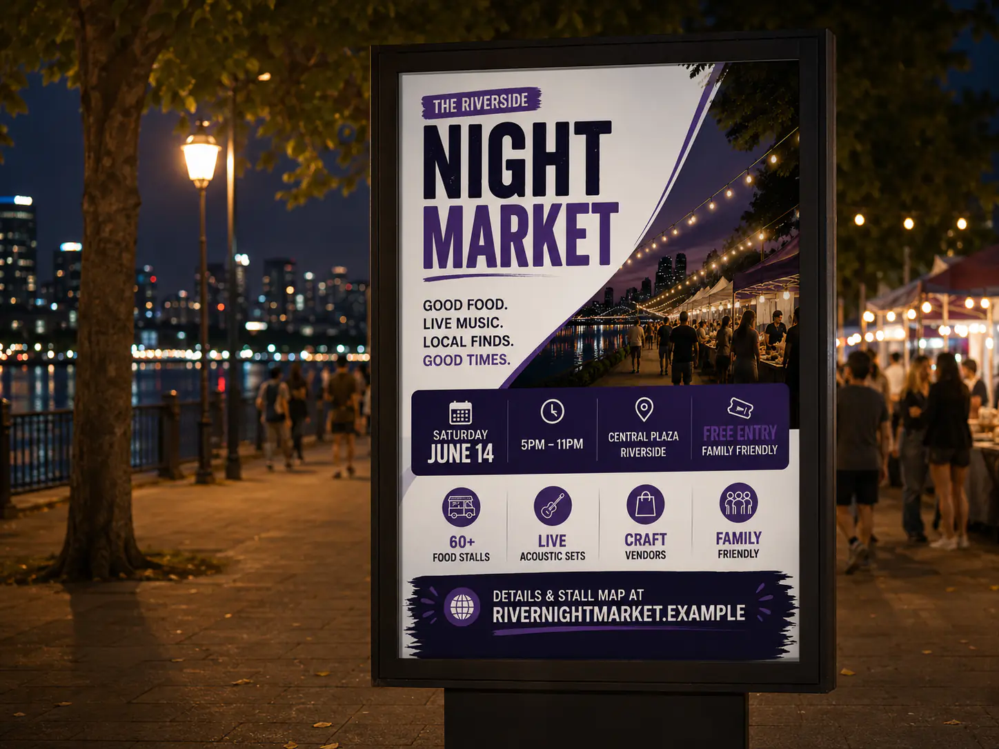 Event category: the night market poster live on a riverside street billboard.