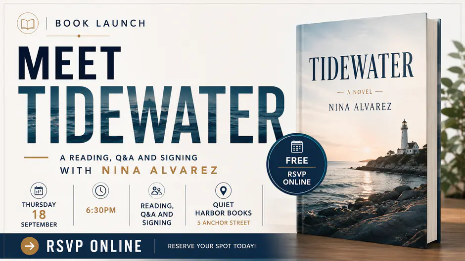 Book launch category: an author reading and signing as a wide event banner, vintage maritime style.