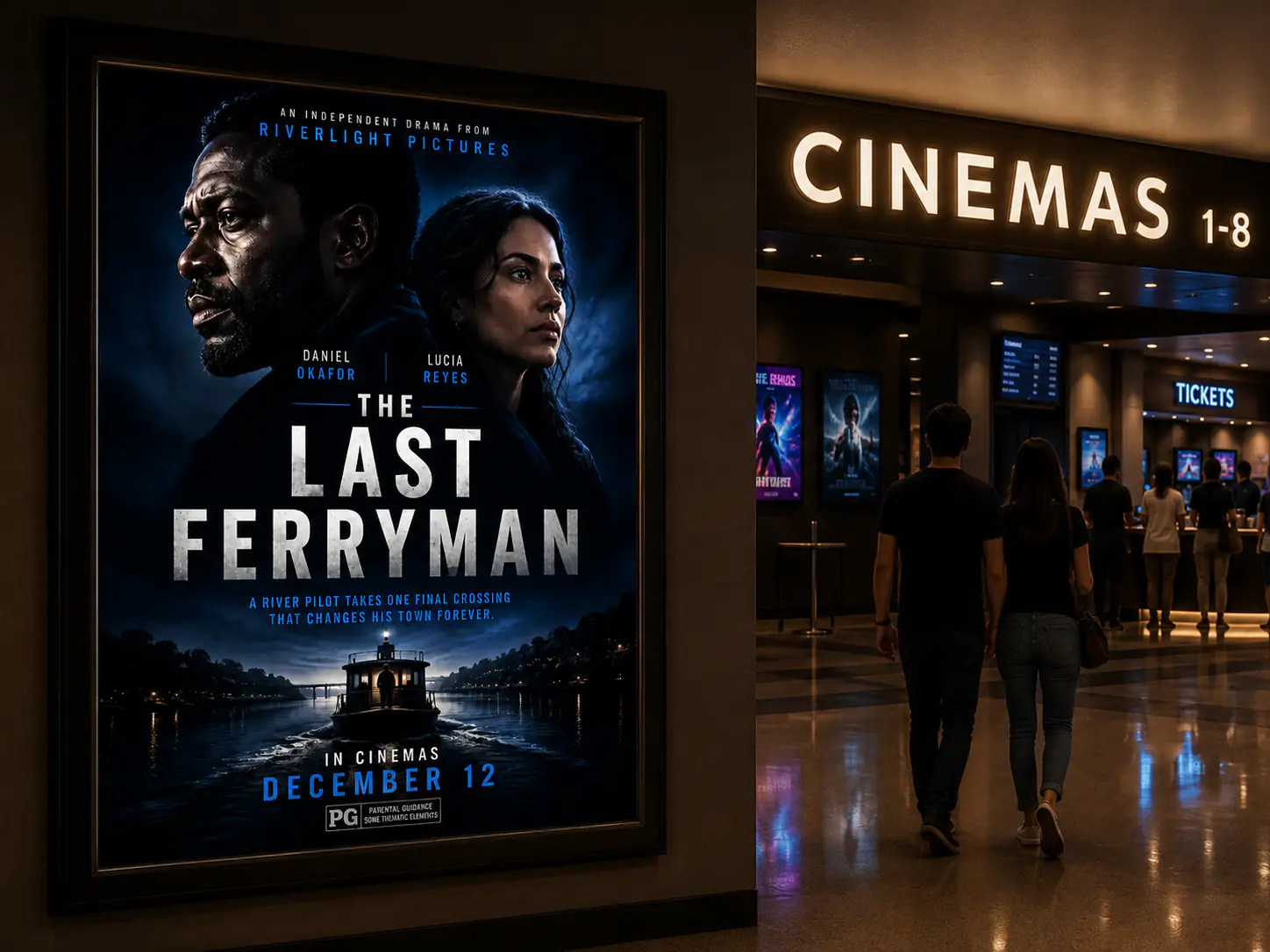 Film category: an independent drama one-sheet framed in a cinema lobby.