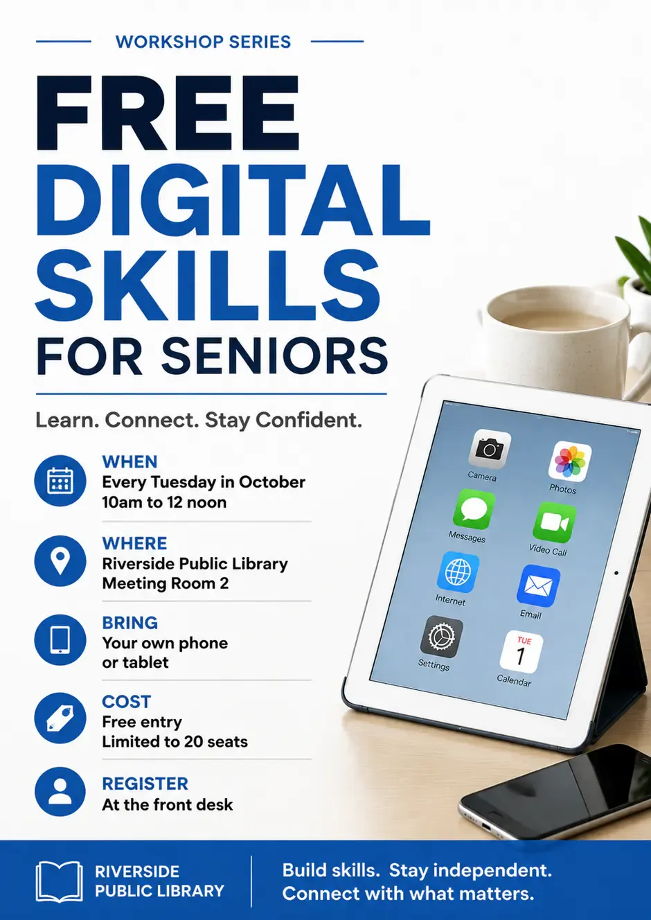 Educational category: a free seniors workshop series as an A4 announcement, minimal editorial style.