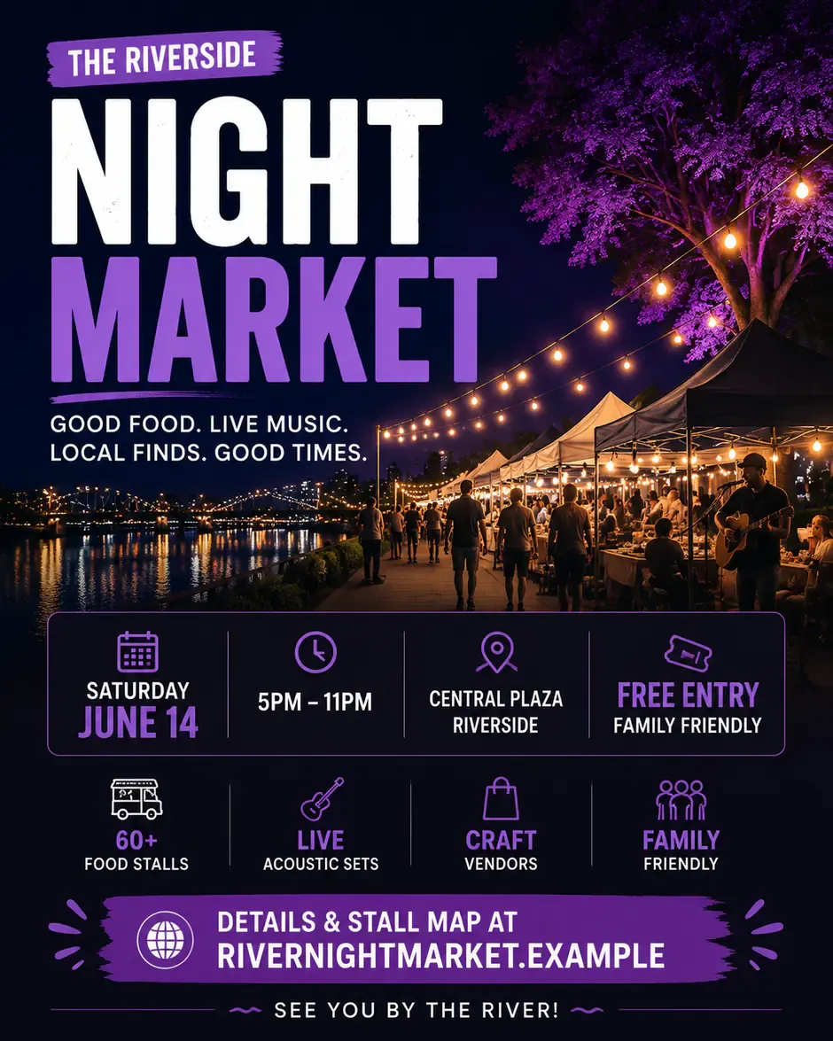 Event category: a night-market announcement as an Instagram portrait poster, clean modern style.