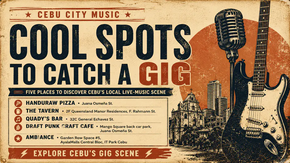 Local guide category: a city live-music venue roundup as a wide banner, vintage letterpress style.