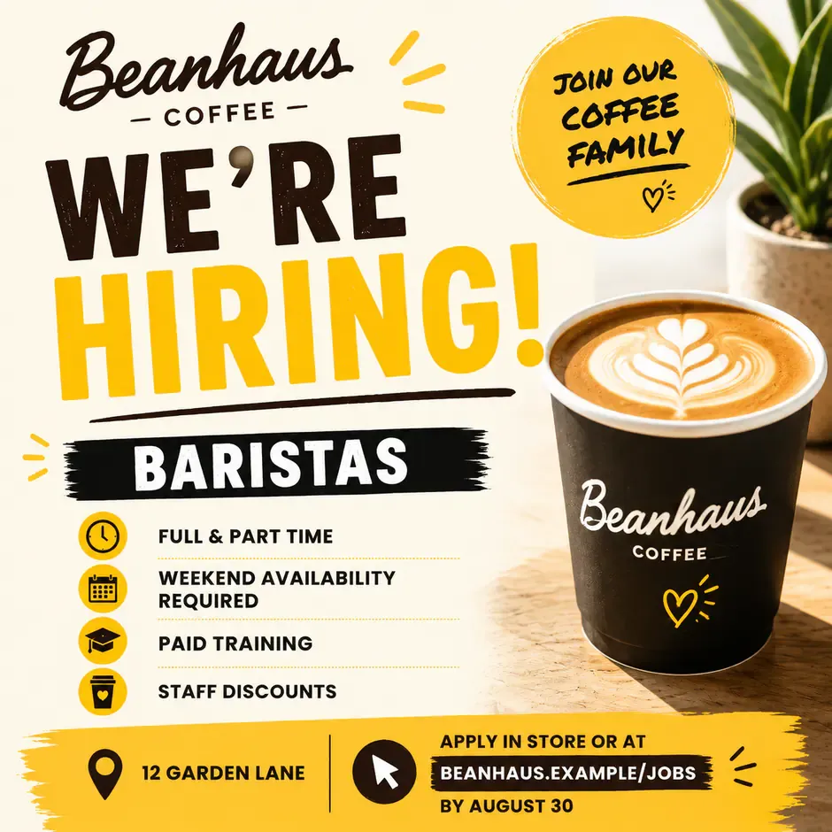 Hiring category: a barista wanted poster as an Instagram square, bright creator style.
