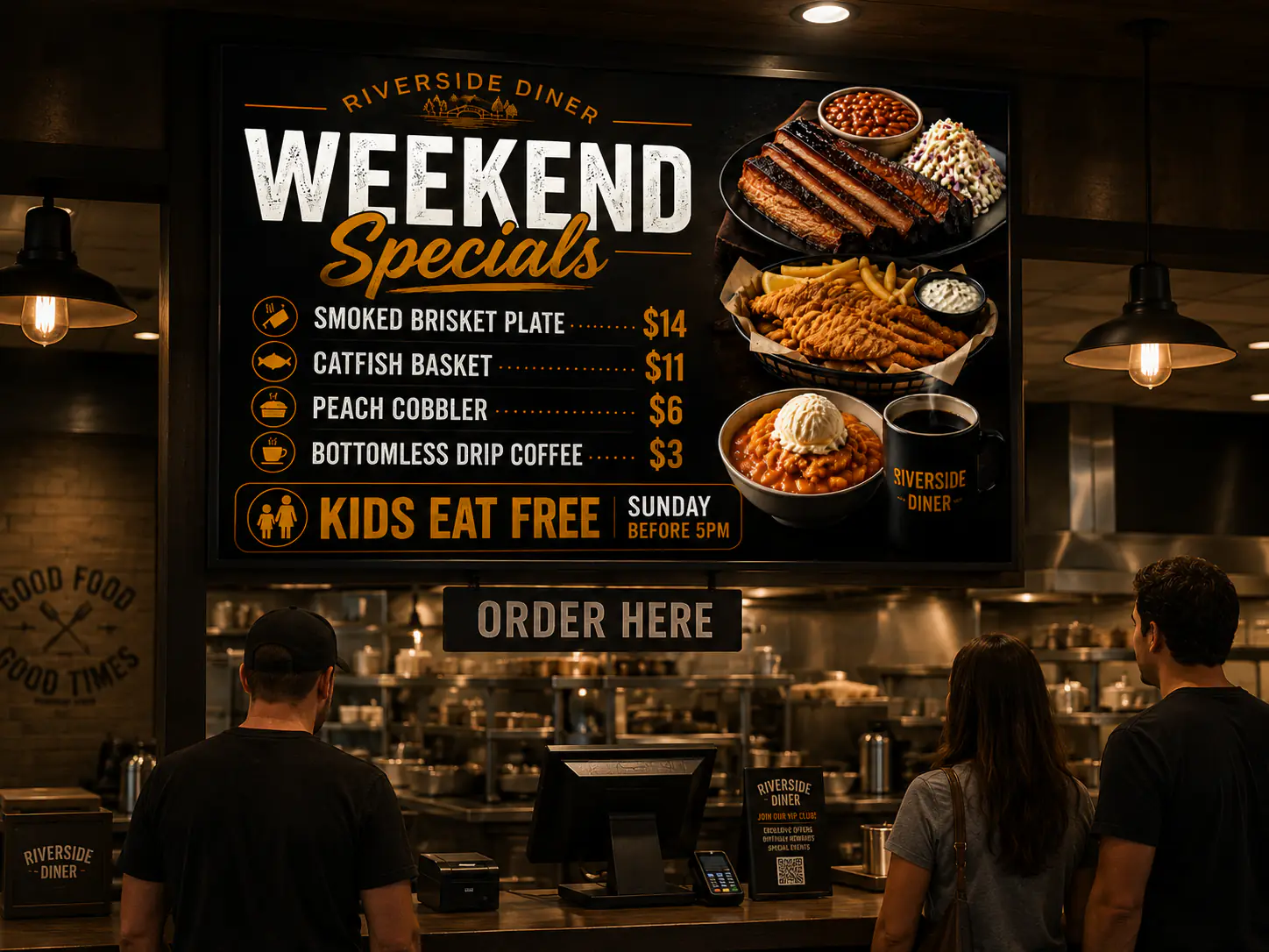 Hospitality category: a diner weekend specials board mounted above the counter.