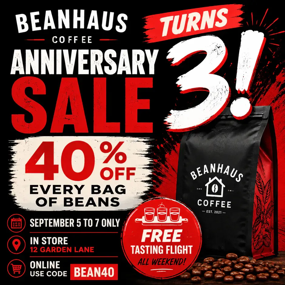 Advertising category: a coffee-shop anniversary sale as an Instagram square, bold retail style.