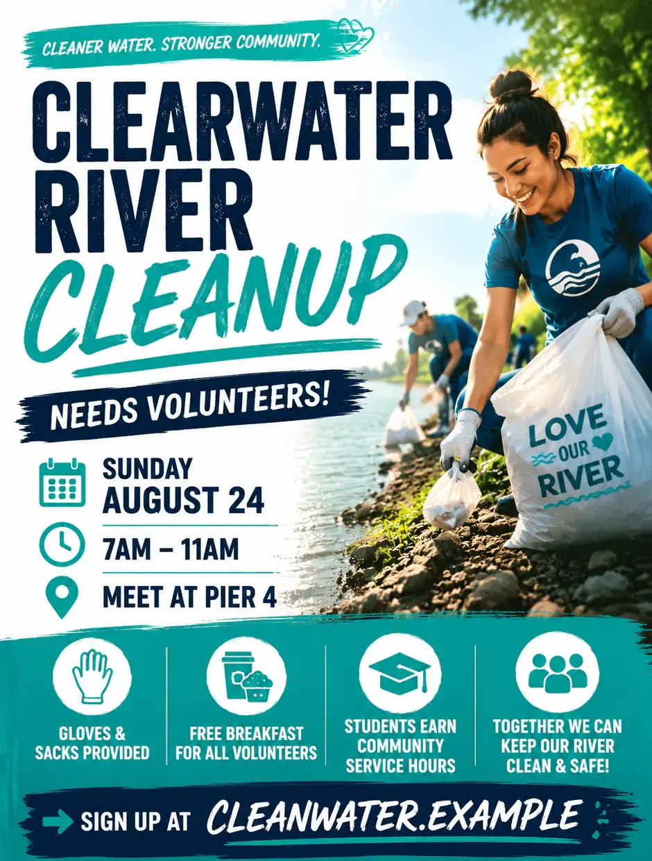 Social category: a river-cleanup volunteer drive as an Instagram portrait, bright creator style.