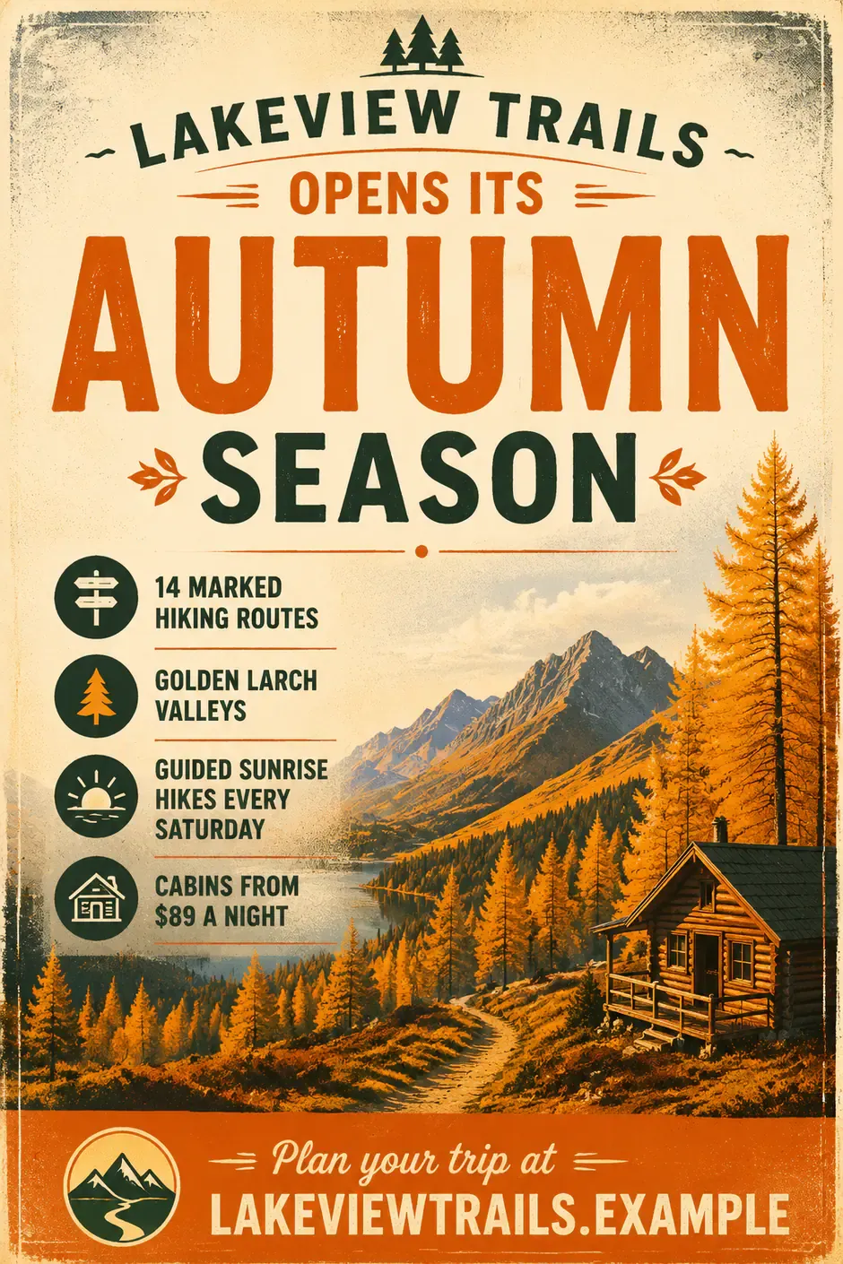 Travel category: an autumn hiking season opener as a Pinterest pin, vintage print style.