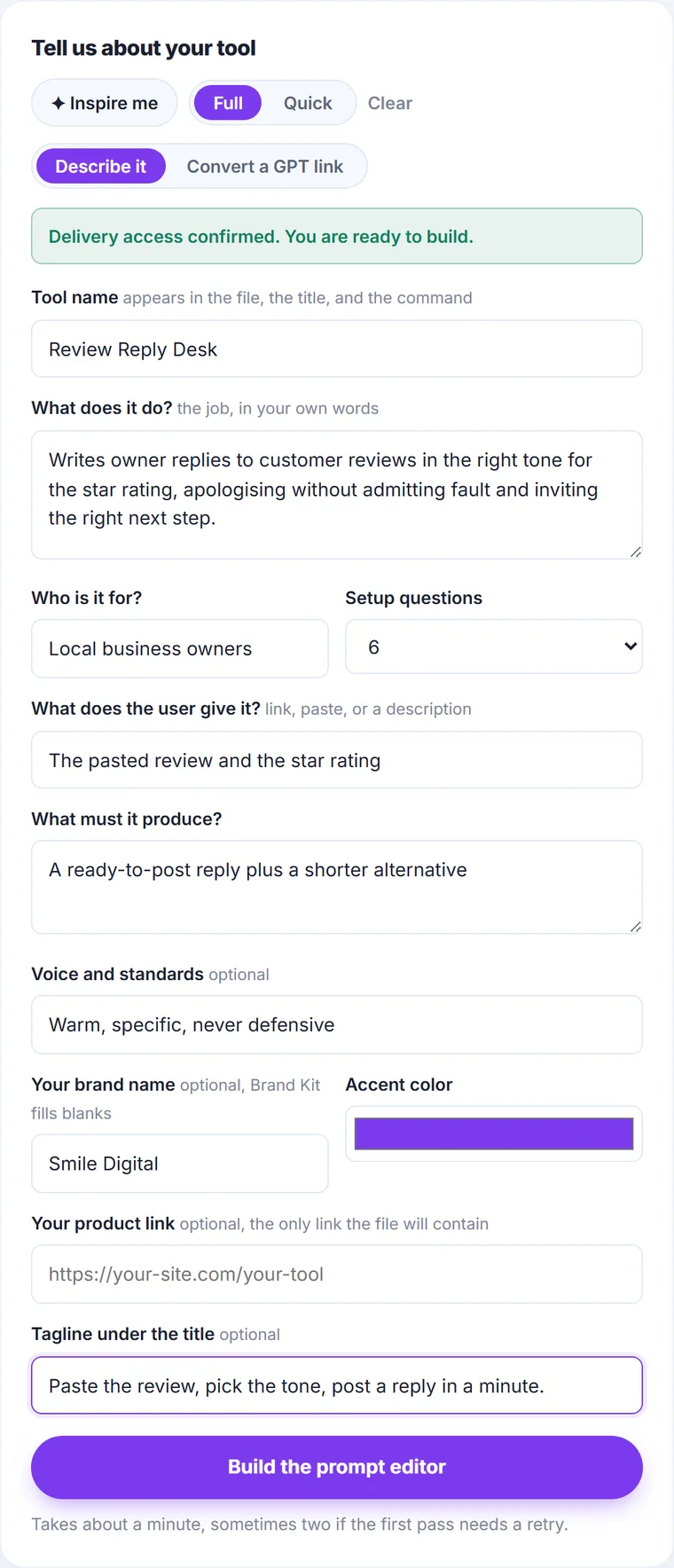 The Prompt Studio Builder build form filled in for a Review Reply Desk tool, with the tool name, what it does, audience, inputs, outputs and brand fields.