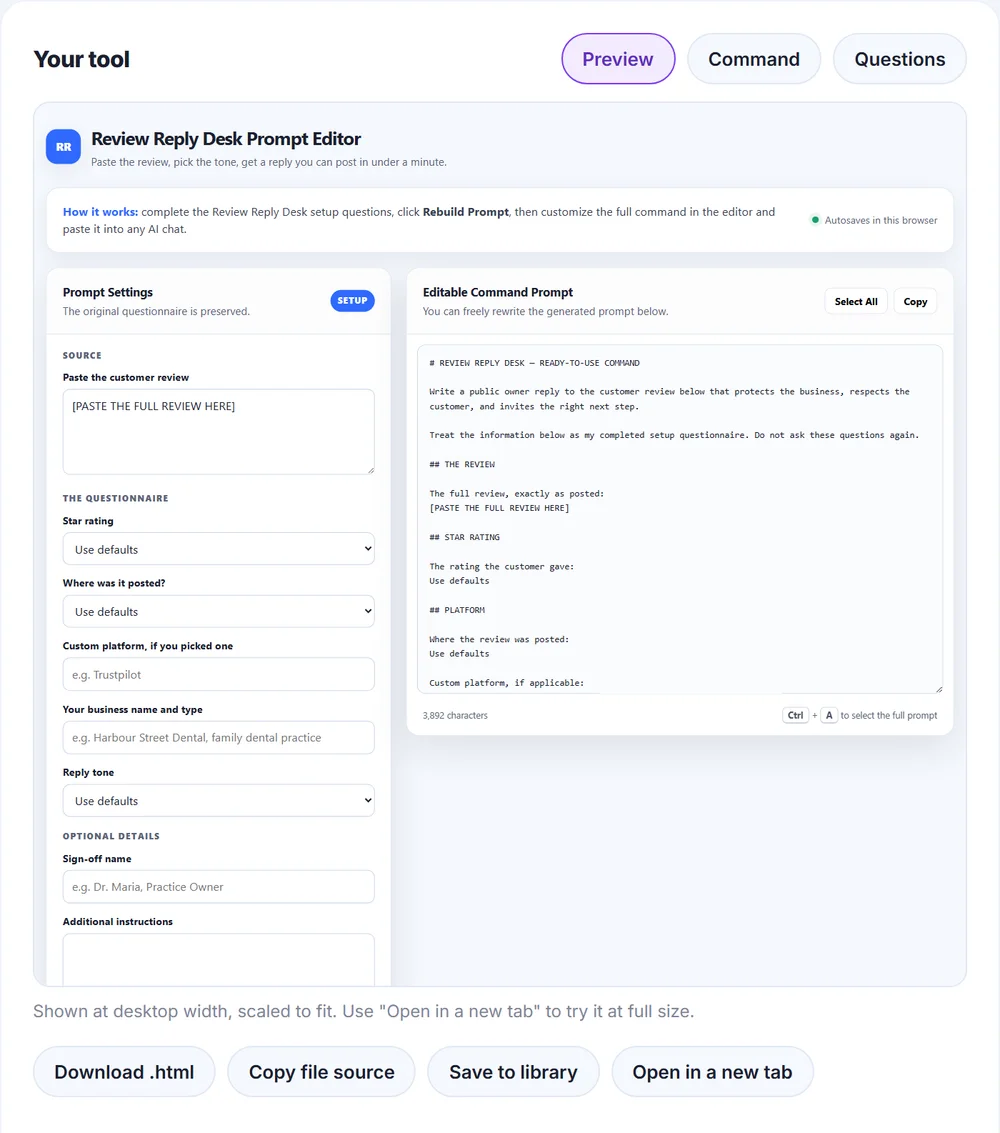 The built tool previewed inside Prompt Studio Builder, showing the prefilled questionnaire beside the editable command, with Download and Save buttons.