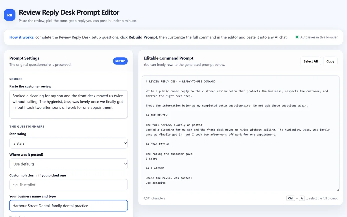 The downloaded Review Reply Desk prompt editor file open in a browser, with the prompt settings on the left and the editable command prompt on the right.