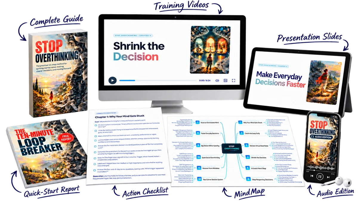 Stop Overthinking package: guide, training videos, slides, checklist, mind map, report and audio edition