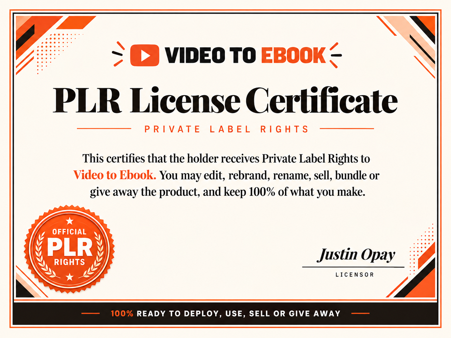 Video to Ebook PLR License Certificate