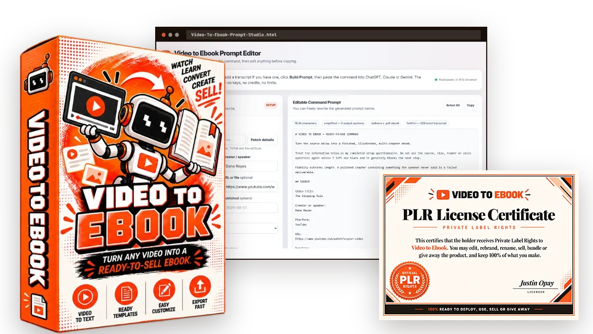 Everything included in Video to Ebook: the Prompt Studio and the PLR licence