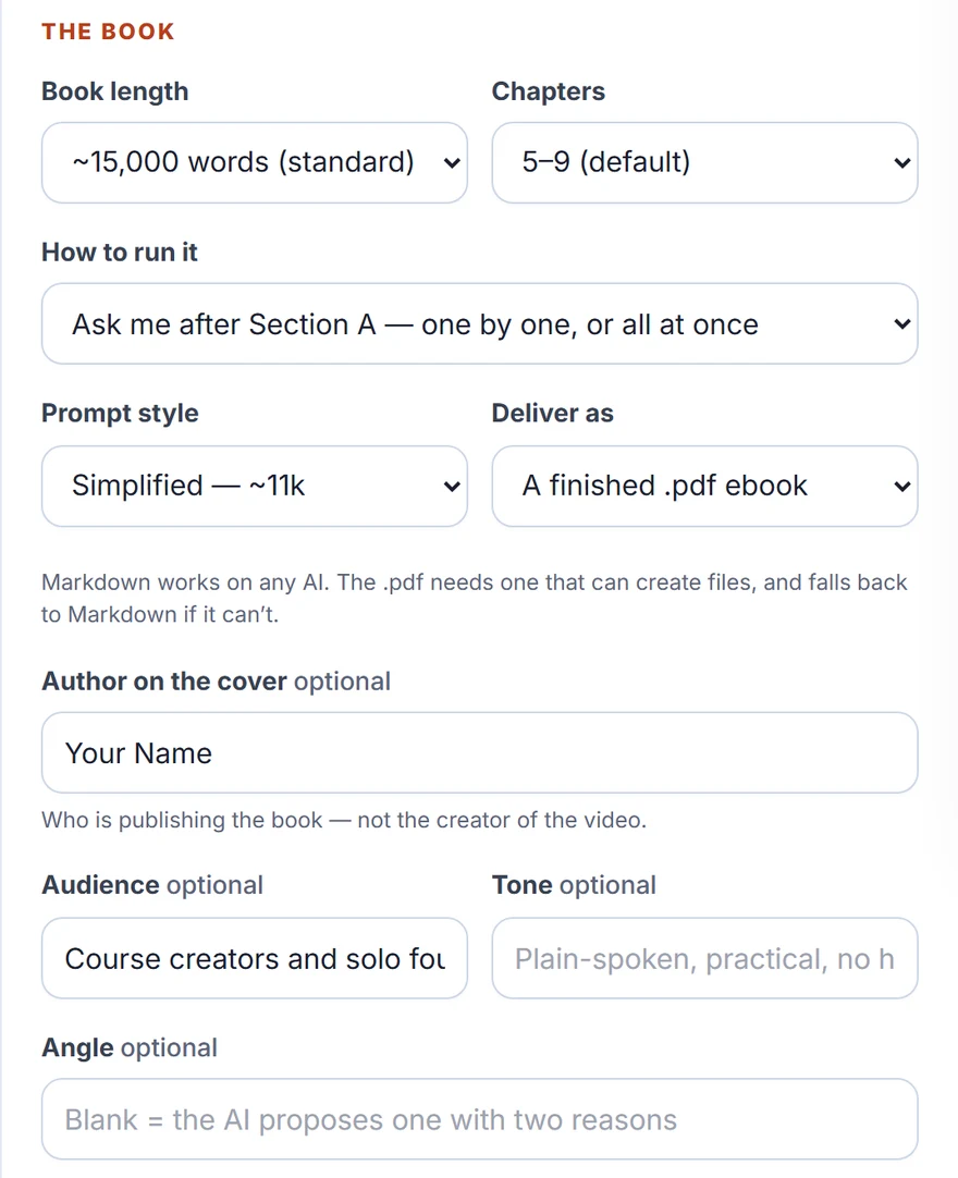 Shape The Book, a real screen from the Video to Ebook Prompt Studio