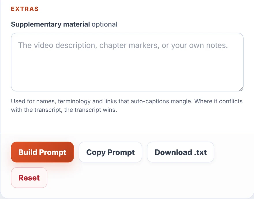 Build, Copy Or Download, a real screen from the Video to Ebook Prompt Studio