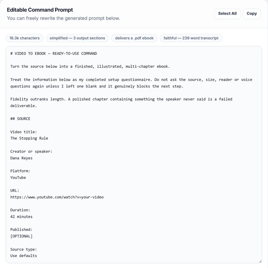 Get The Command Prompt, a real screen from the Video to Ebook Prompt Studio